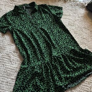 Green Floral Short Sleeve Collared Dress